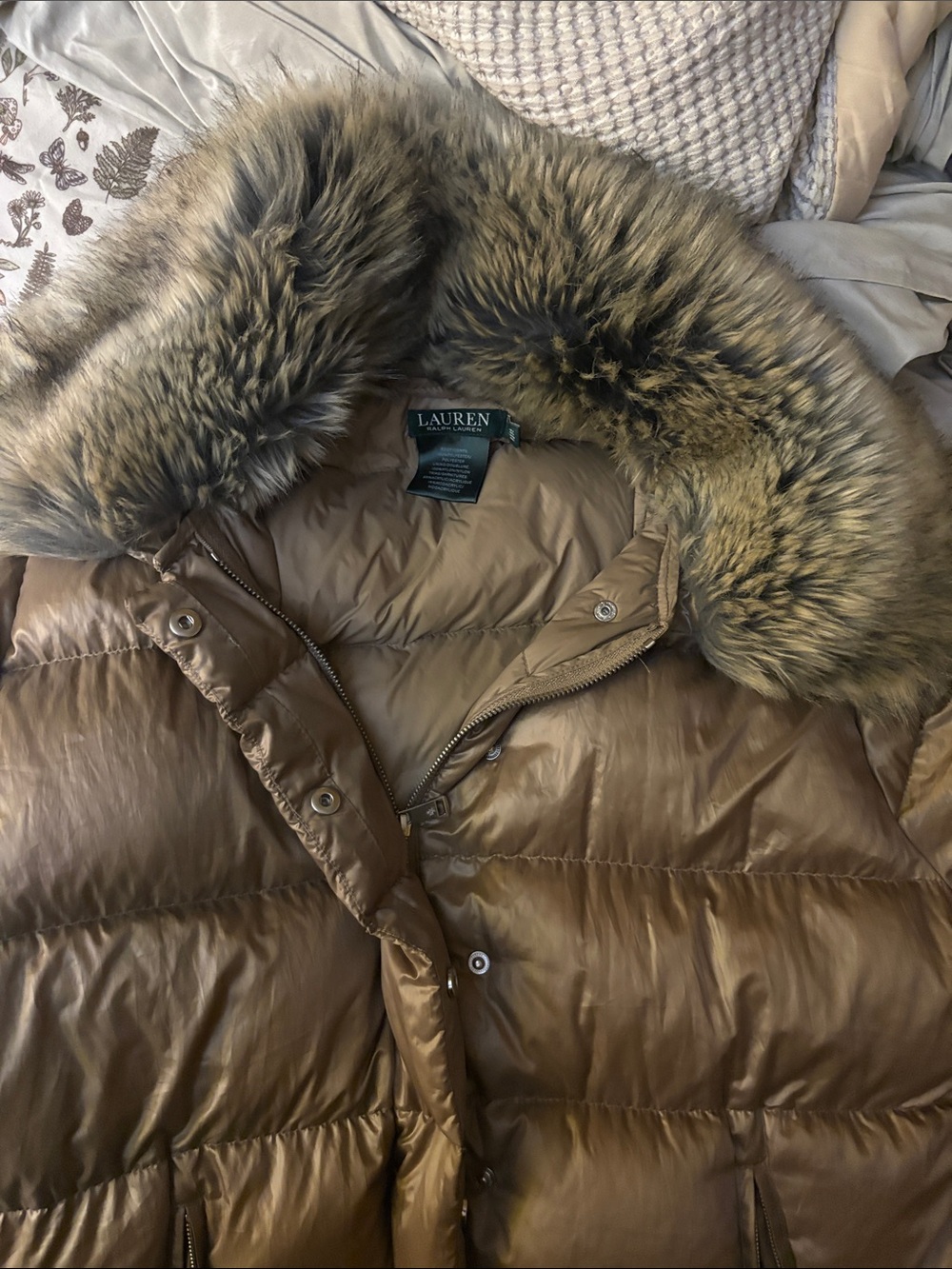 Lauren Ralph Lauren Brown/Tan Quilted Puffer Coat with Faux Fur Trimmed Hood